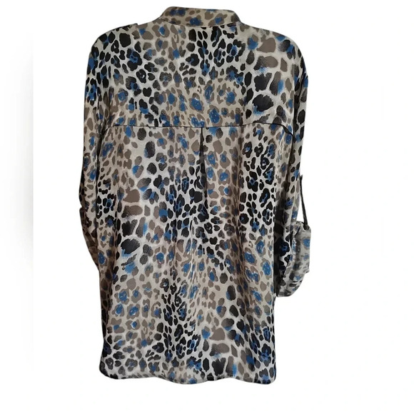 Investments XL Semi Sheer Blue Brown Leopard Print Button Down Classic Blouse - Picture 3 of 6